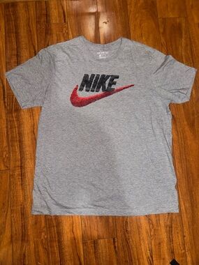Nike Gray Short Sleeve Tee with Red Swoosh and Black Logo